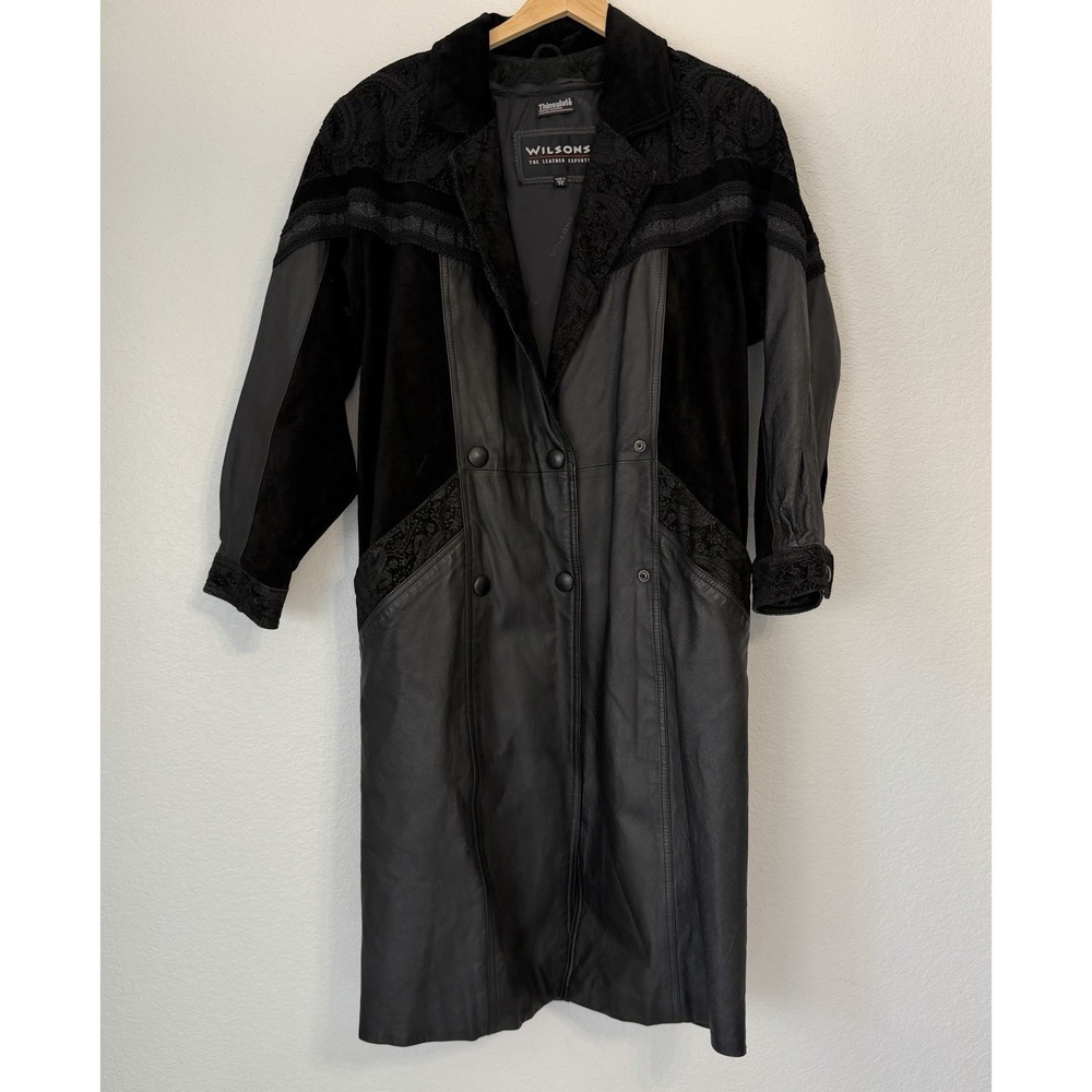Vtg Wilsons Leather Experts Black Leather Trench Coat Thinsulate Insulated PS